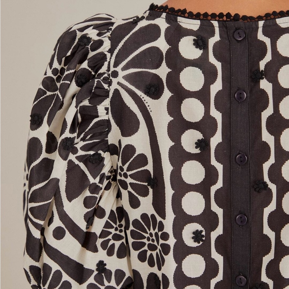 NWT Farm Rio Palermo Anthropology Black & White Floral Puff-Sleeve Women's Top - Picture 3 of 13